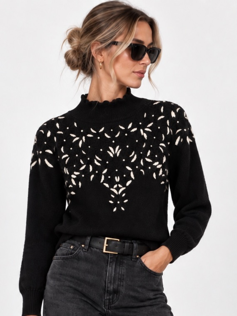 Vintage Black Cream Embroidered Mock Neck Knit Sweater Cutout Floral Pullover
